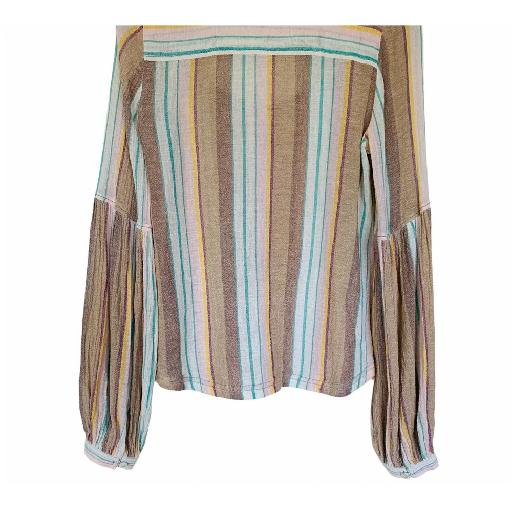 FREE PEOPLE Size S Gauze Button Down Stripe Cotton Blouse Wide Pleated Sleeve
